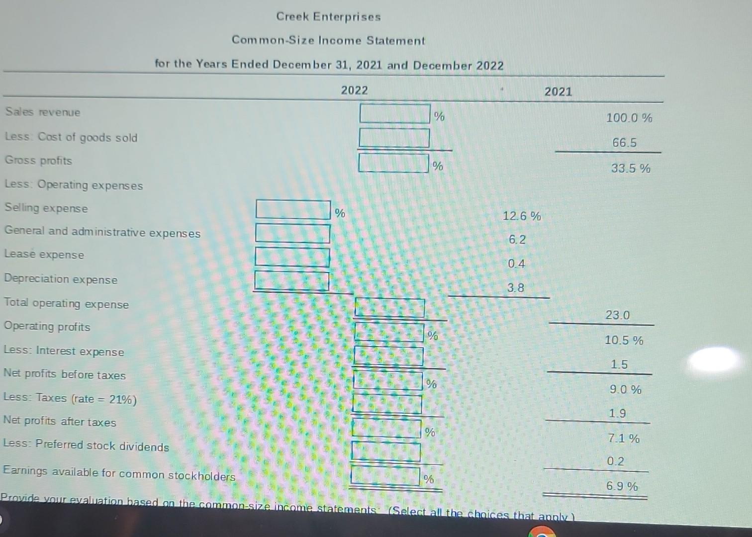 common size statement analysis.A common size income statement for Creek Enterprise 2021,2022
