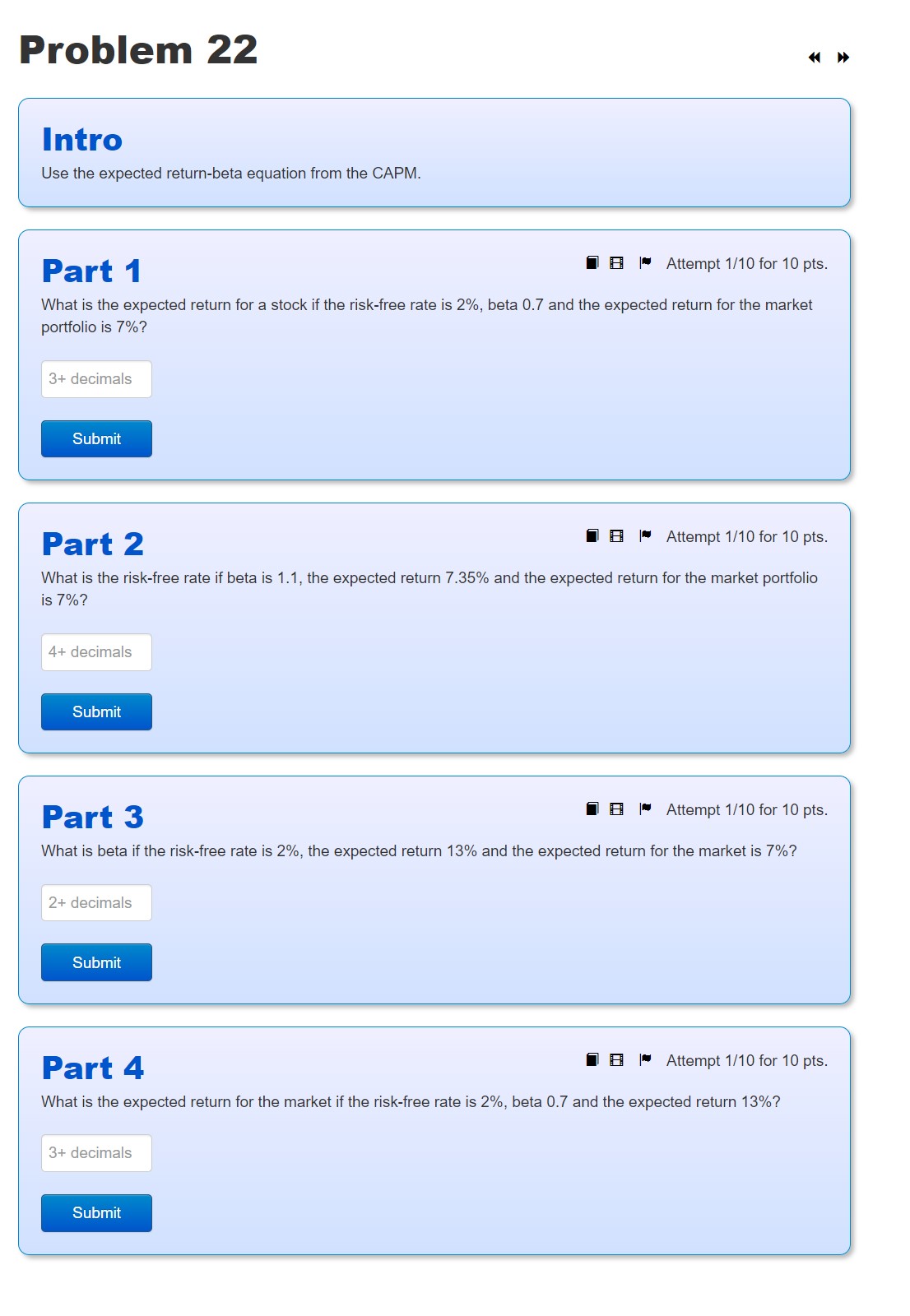  Problem 22 Intro Use the expected return-beta equation from the CAPM.