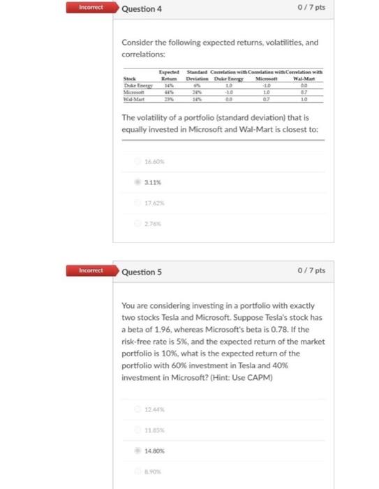  Incorrect Question 4 0/7 pts Consider the following expected returns, volatilities,