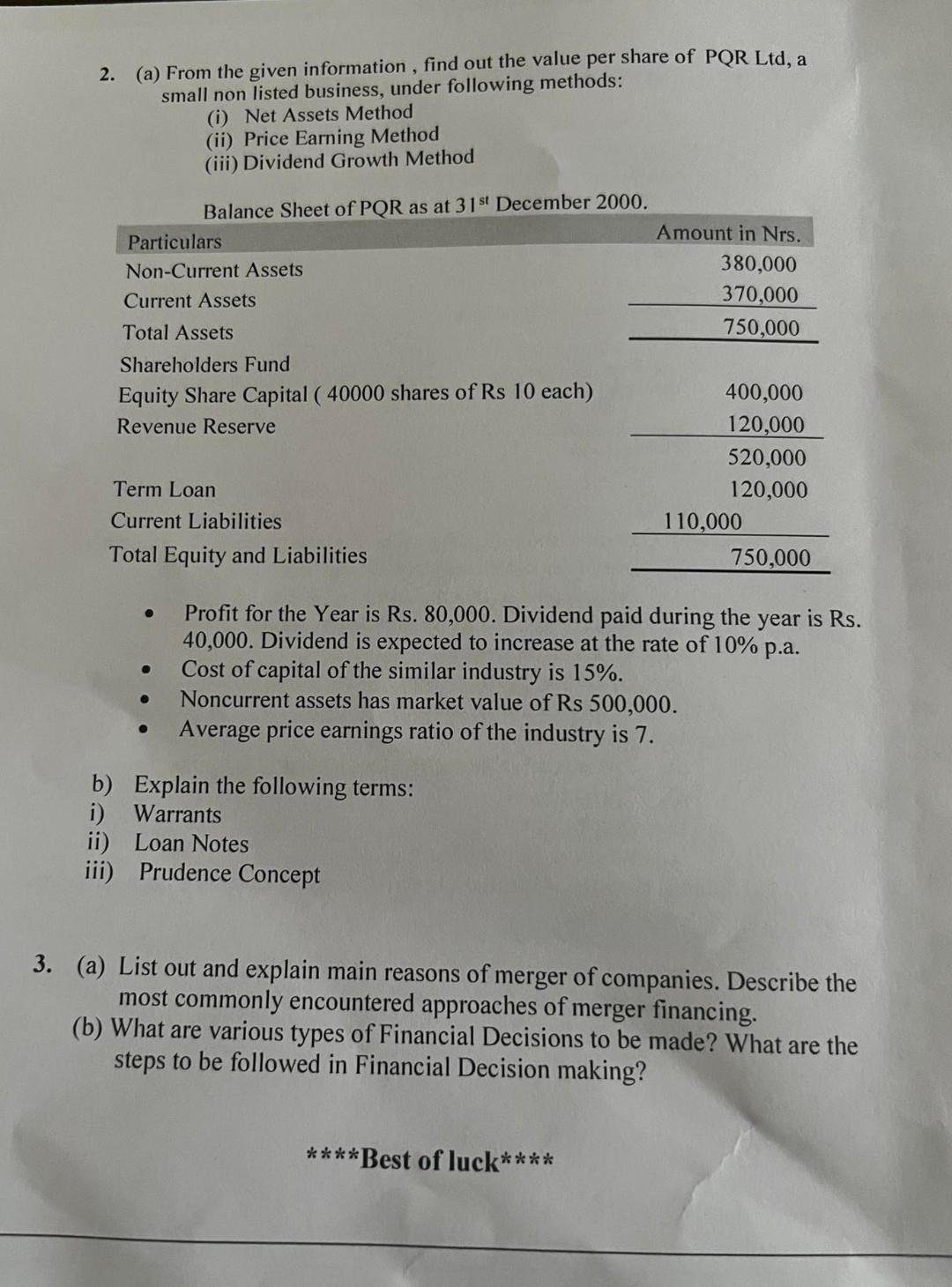 2. (a) From the given information, find out the value per