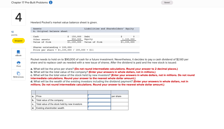 Chapter 17 Pre-Built Problems Saved 4 10 points Hewlard Pocket's market