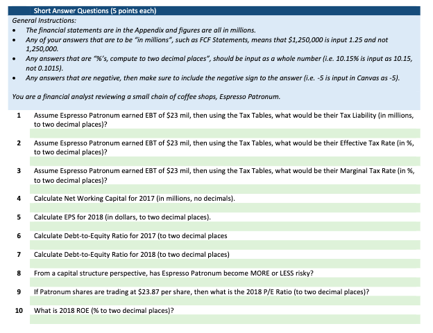 ******PLEASE ONLY DO 9,10,19,20!!!!! Thank you! 1 2 Short Answer Questions (5