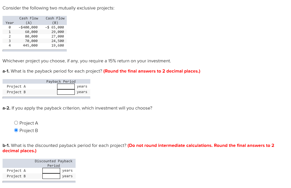 Consider the following two mutually exclusive projects: Year 1 Cash Flow