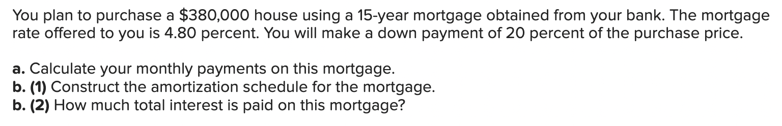 You plan to purchase a $380,000 house using a 15 -year