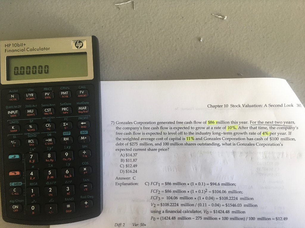 Please show how to find V0=$1424.48 using a financial calculator (pictured). HP