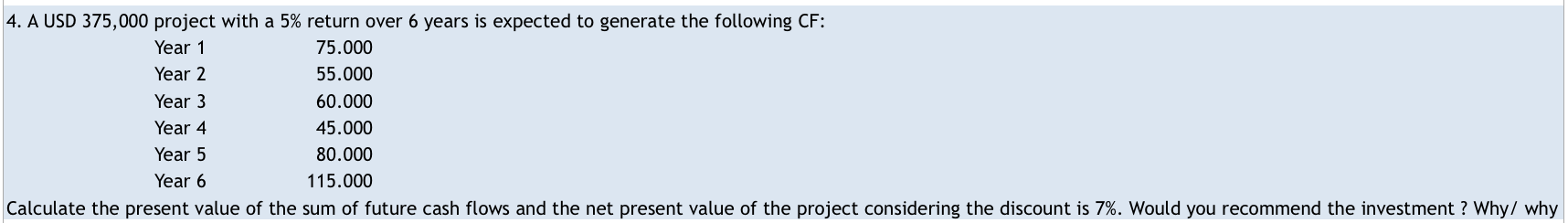 Please answer in Excel. 4. A USD 375,000 project with a 5%