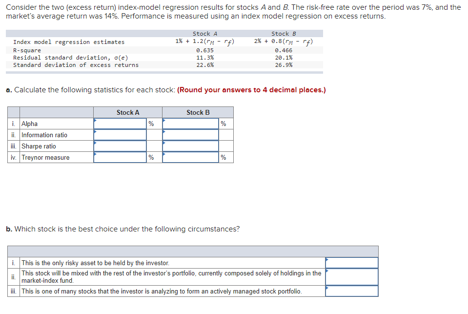  Consider the two (excess return) index-model regression results for stocks A