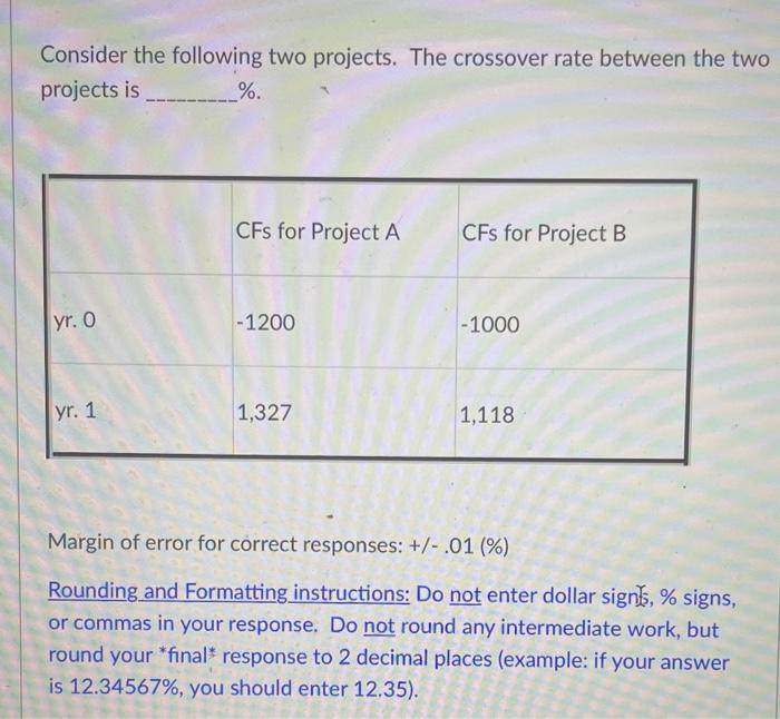  Consider the following two projects. The crossover rate between the two