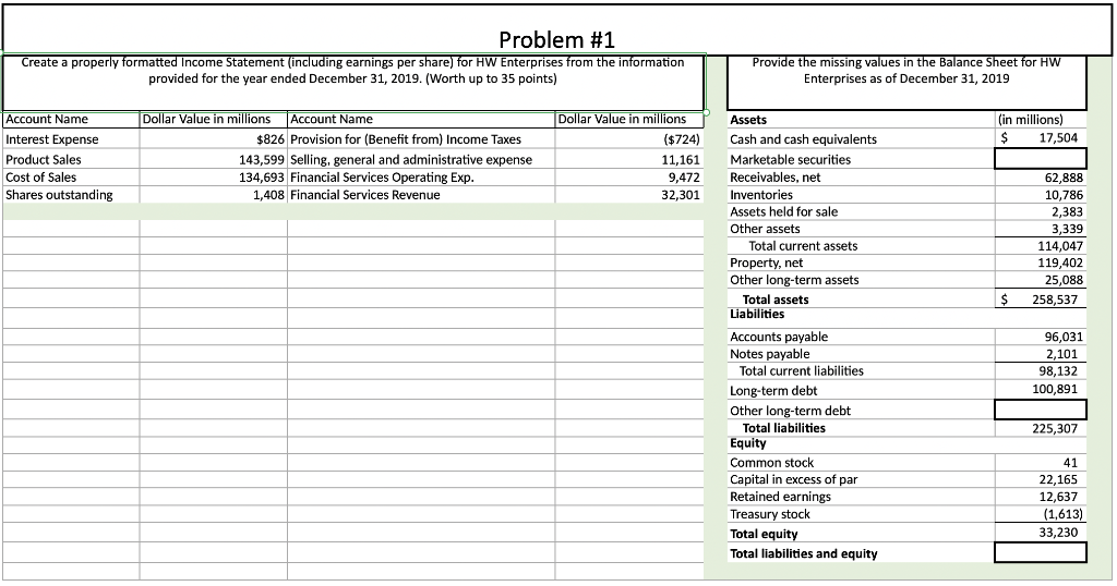  Problem #1 Create a properly formatted Income Statement (including earnings per