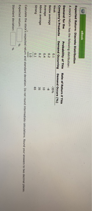  eBook Expected Return: Discrete Distribution A stock's return has the following