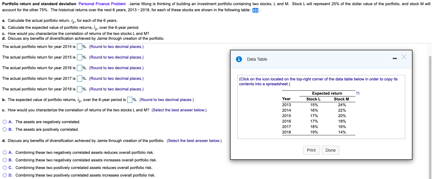  Portfolio return and standard deviation Personal Finance Problem Jamie Wong is