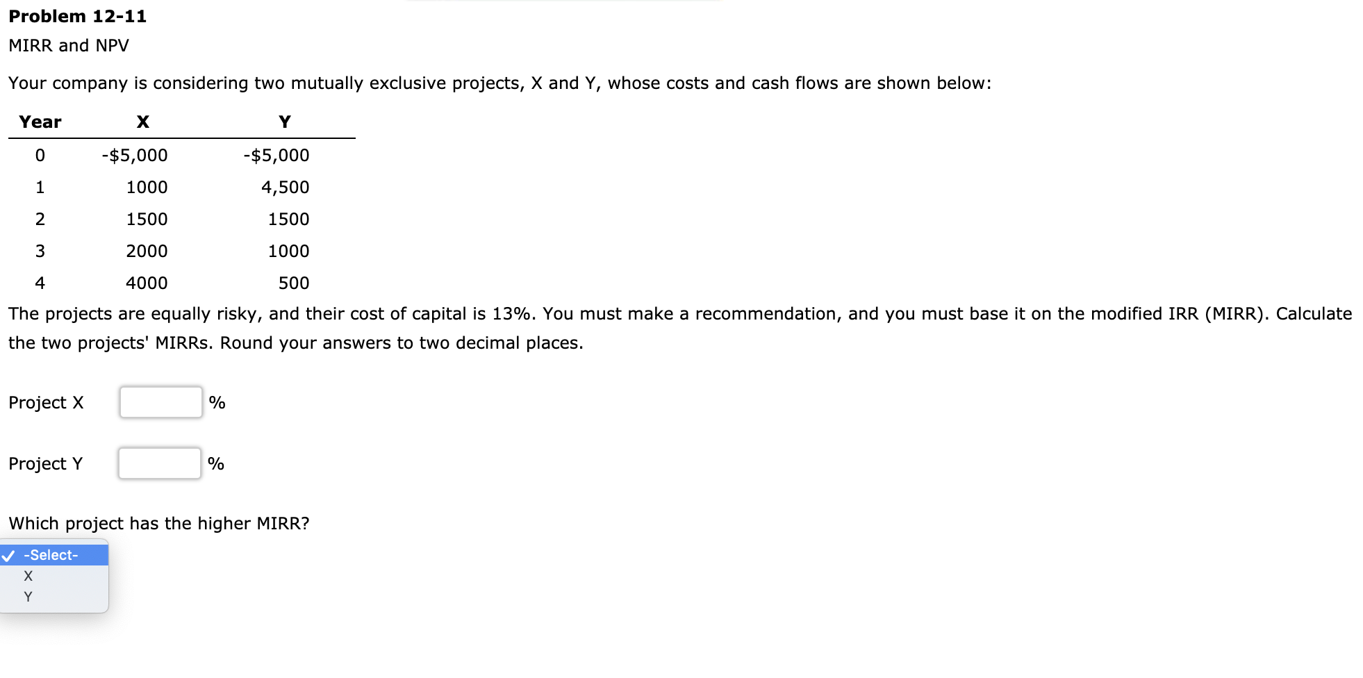 Finance question! help plz Problem 12-11 MIRR and NPV Your company is