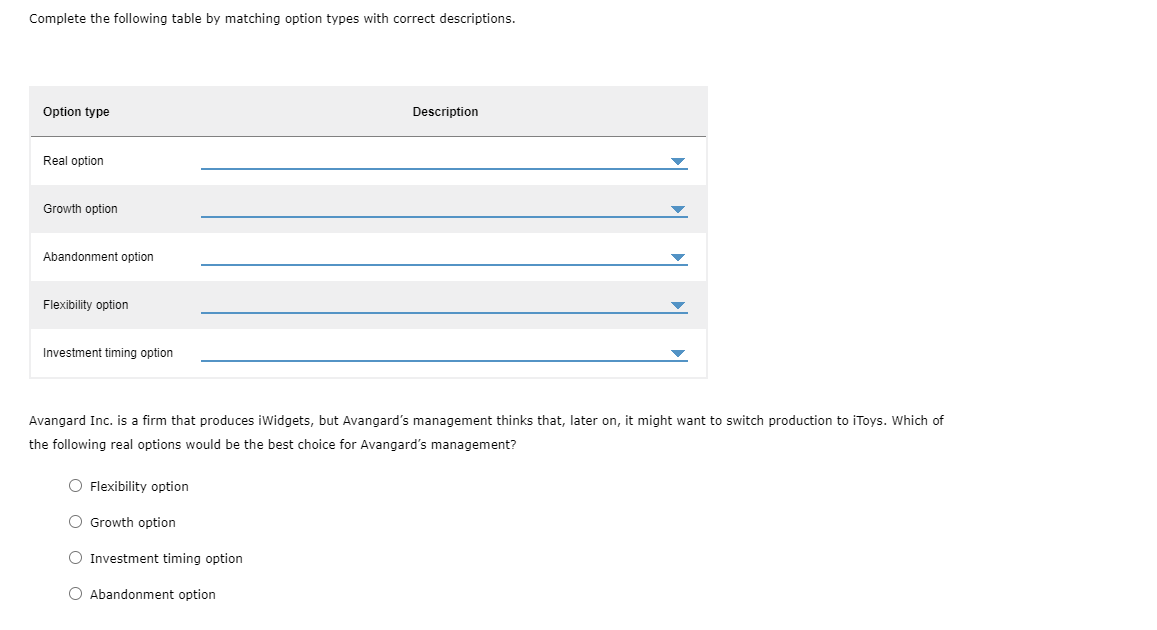  Complete the following table by matching option types with correct descriptions.