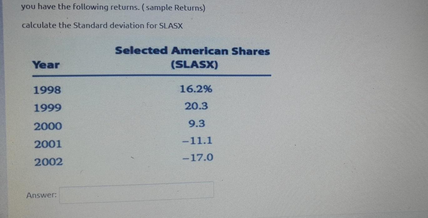 you have the following returns. ( sample Returns) calculate the Standard