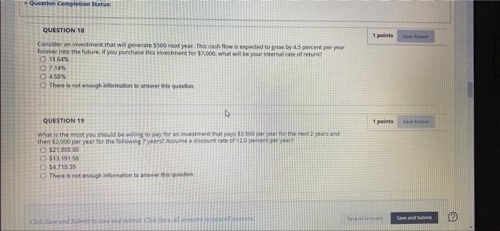  Question Completion Status: QUESTION 18 1 points SA Consider an investment