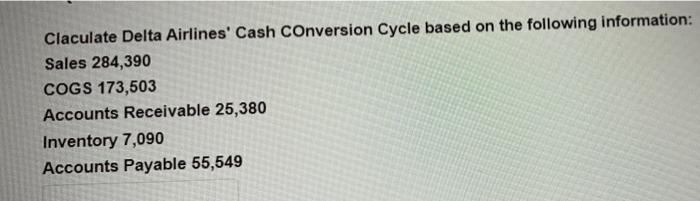 Claculate Delta Airlines' Cash COnversion Cycle based on the following information: Sales