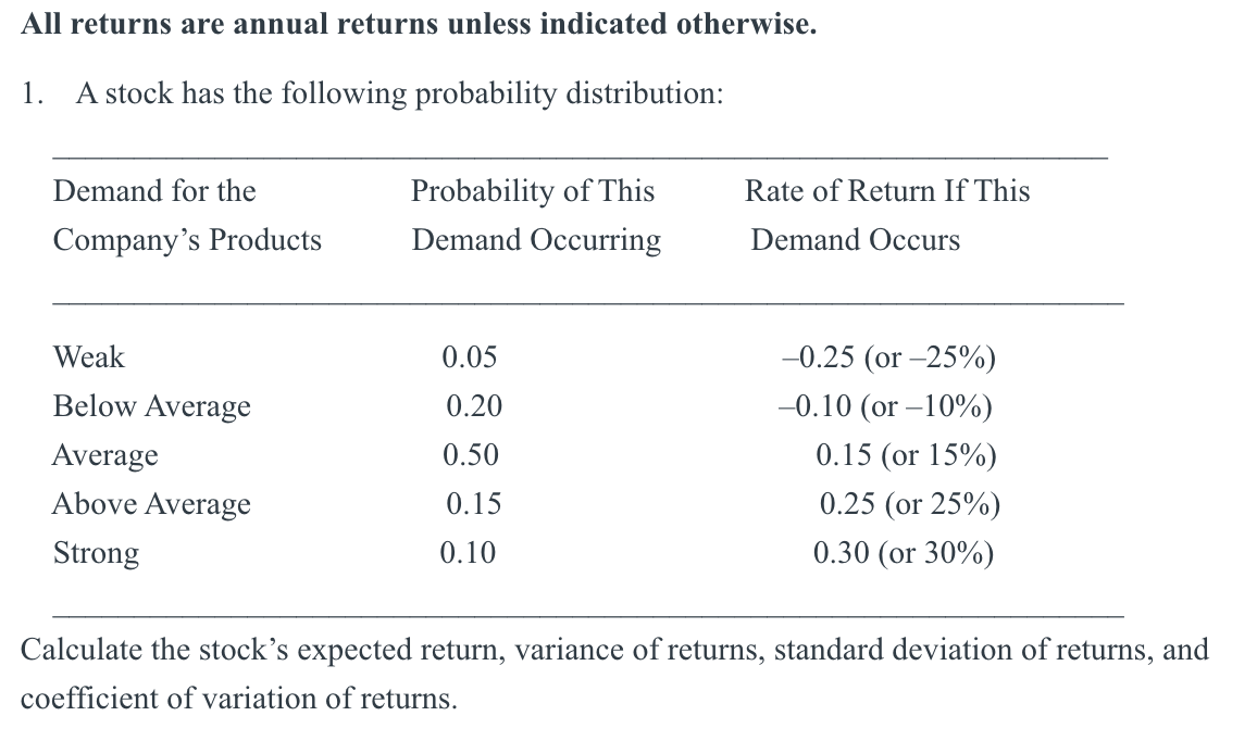 Please help. Show work All returns are annual returns unless indicated otherwise.