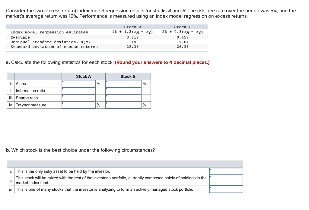  Consider the two (excess return) index-model regression results for stocks A