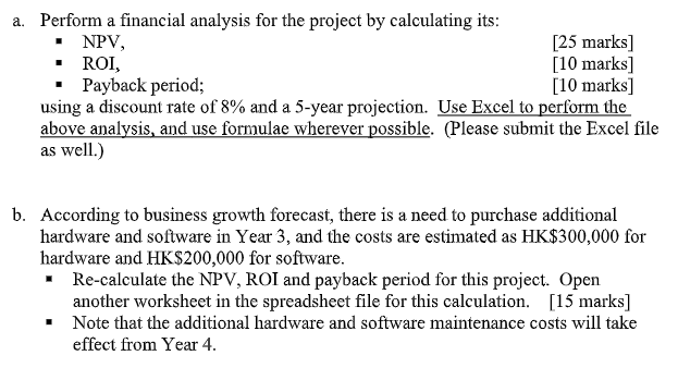 a. Perform a financial analysis for the project by calculating its: