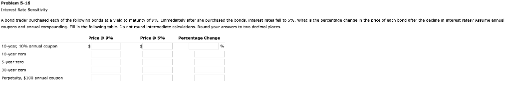 Problem 5-16 Interest Rate Sensitivity A bond trader purchased each of the