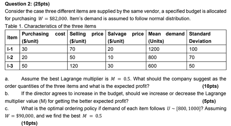 Question 2: (25pts) Consider the case three different items are supplied