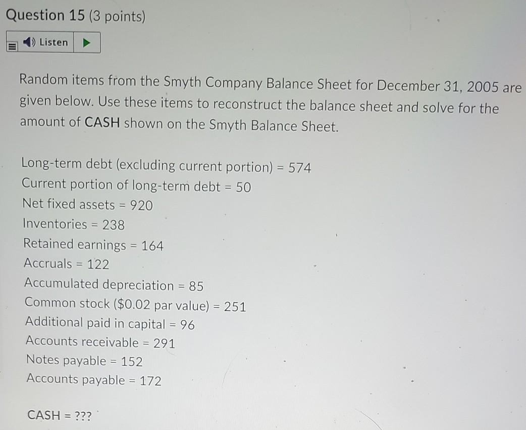 Question 15 (3 points) Listen Random items from the Smyth Company