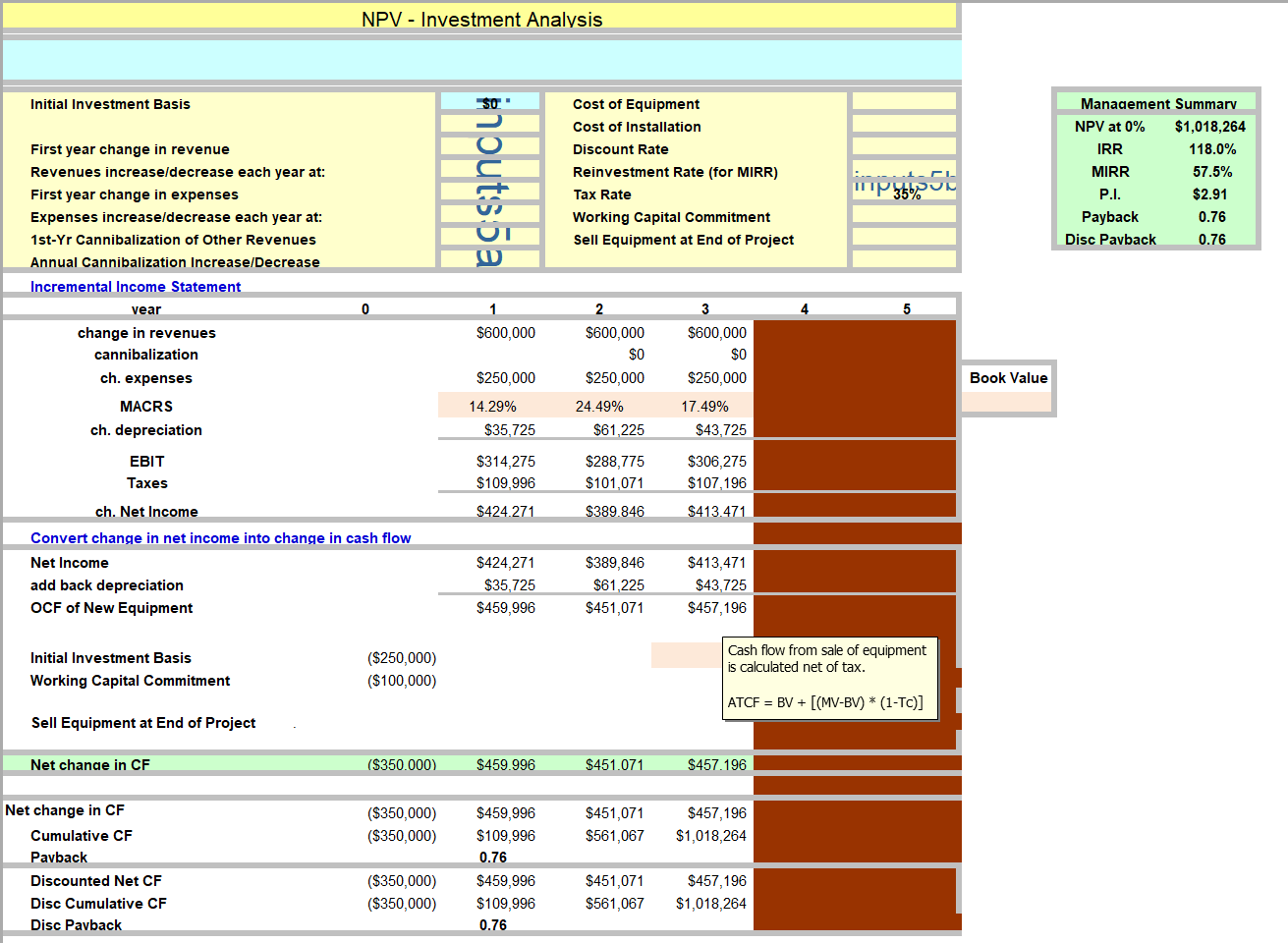 my work in blue into the above spreadsheet labeled "NPV - Investment
