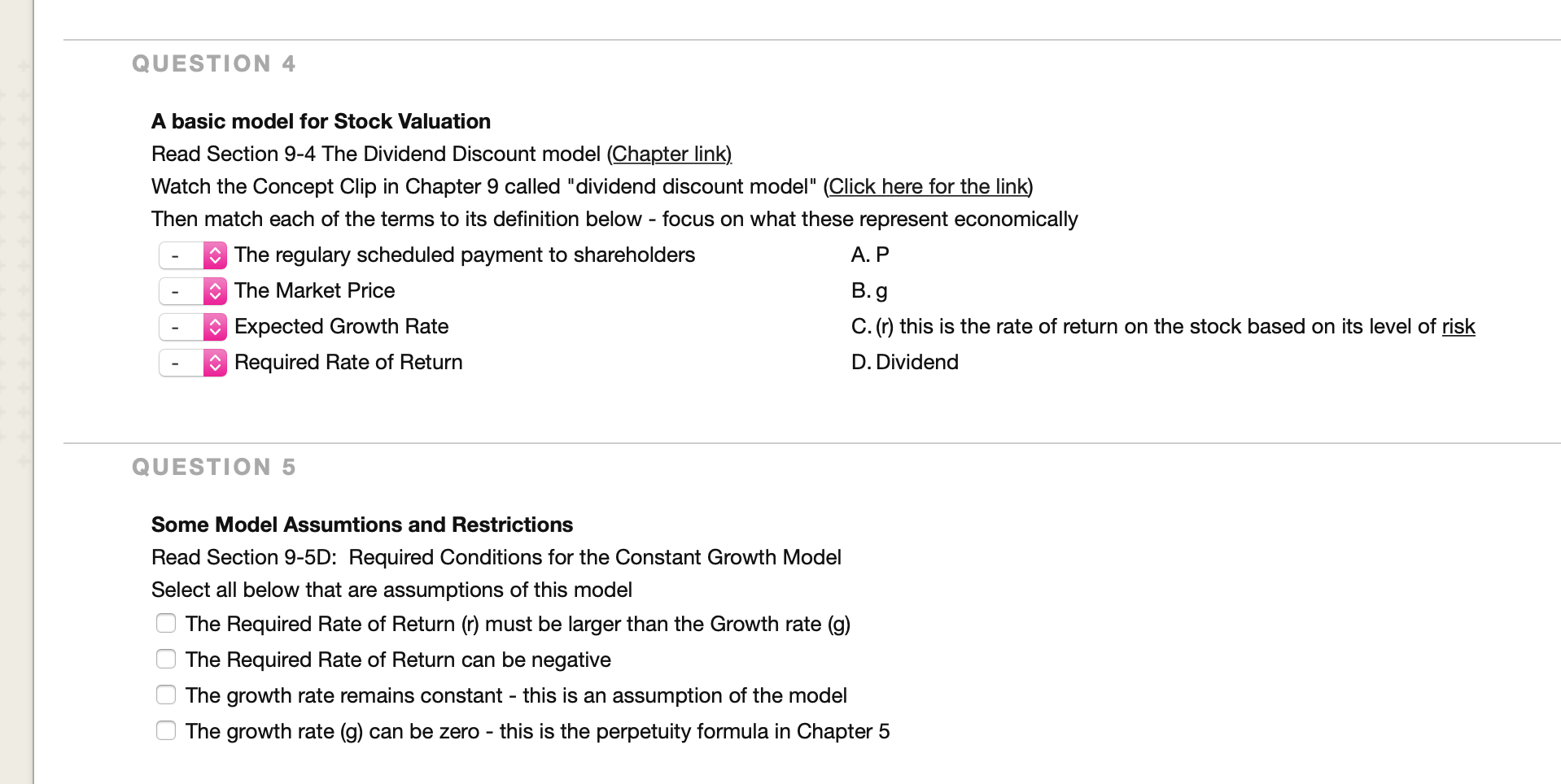  QUESTION 4 A basic model for Stock Valuation Read Section 9-4