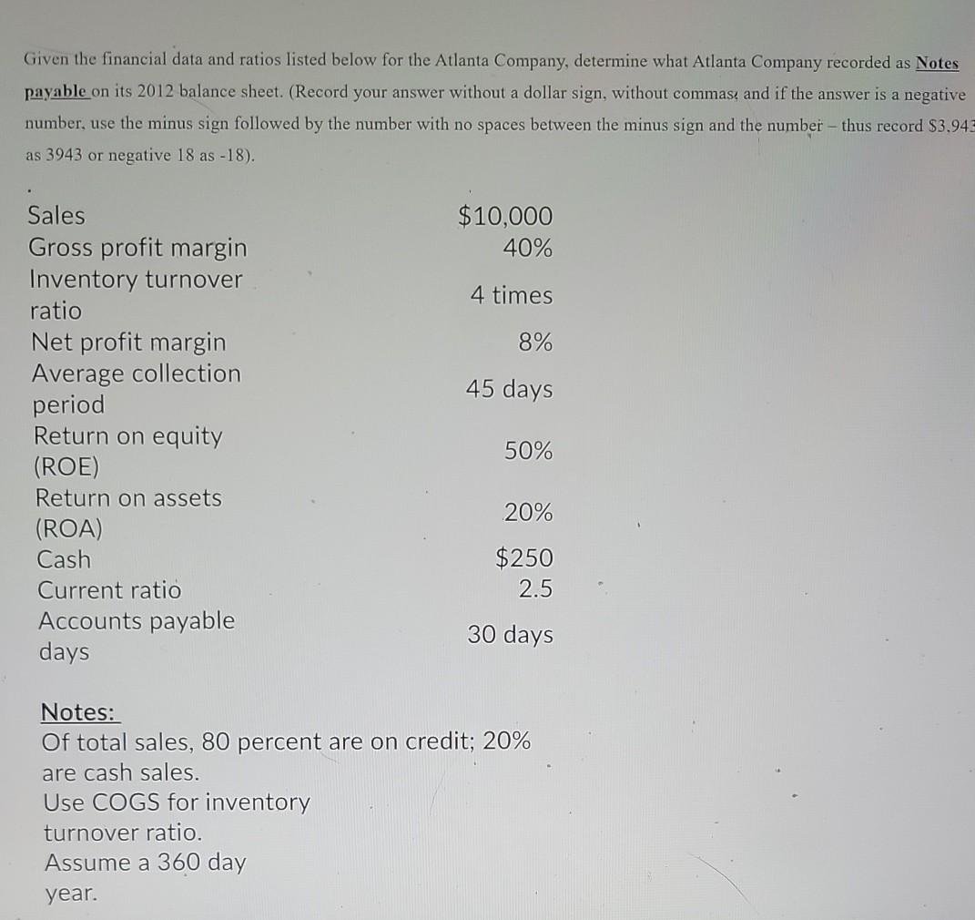 Given the financial data and ratios listed below for the Atlanta