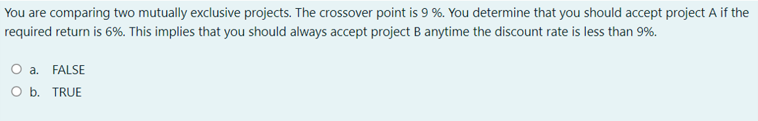  You are comparing two mutually exclusive projects. The crossover point is