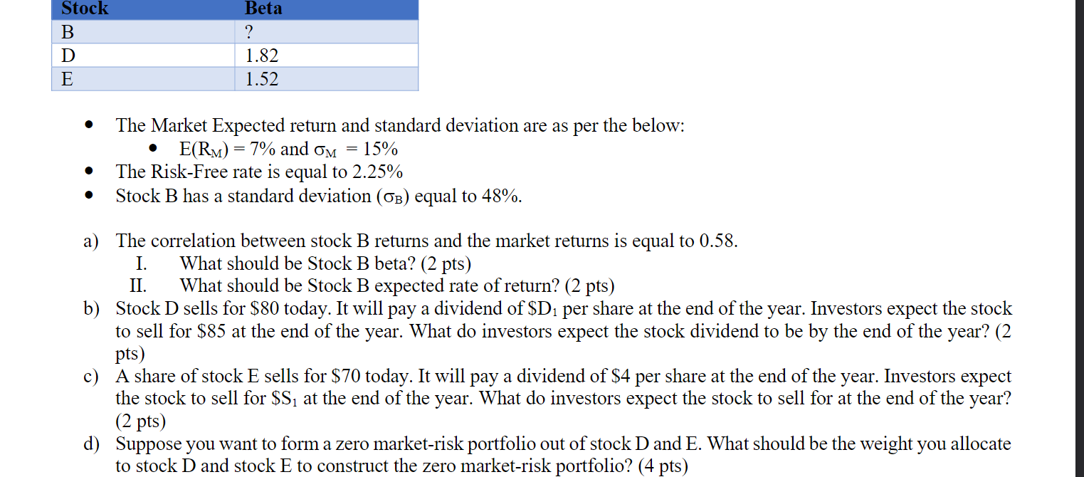  Stock B D E Beta ? 1.82 1.52 O = The