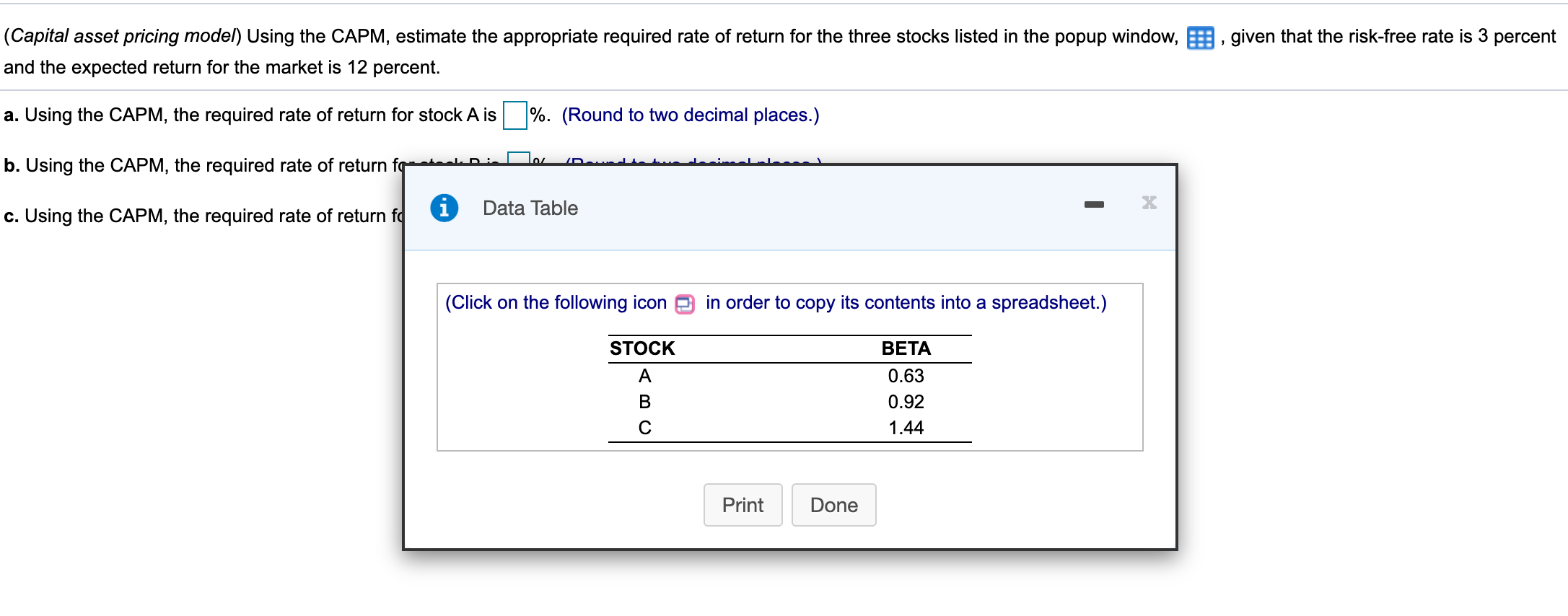 rate of return for the three stocks listed in the popup window,
