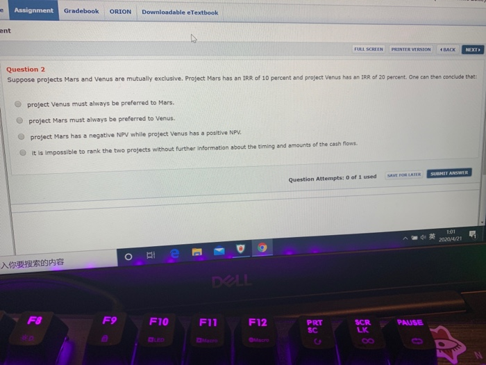  Assignment Gradebook ORION Downloadable eTextbook ent FULL SCREEN PRINTER VERSION BACK