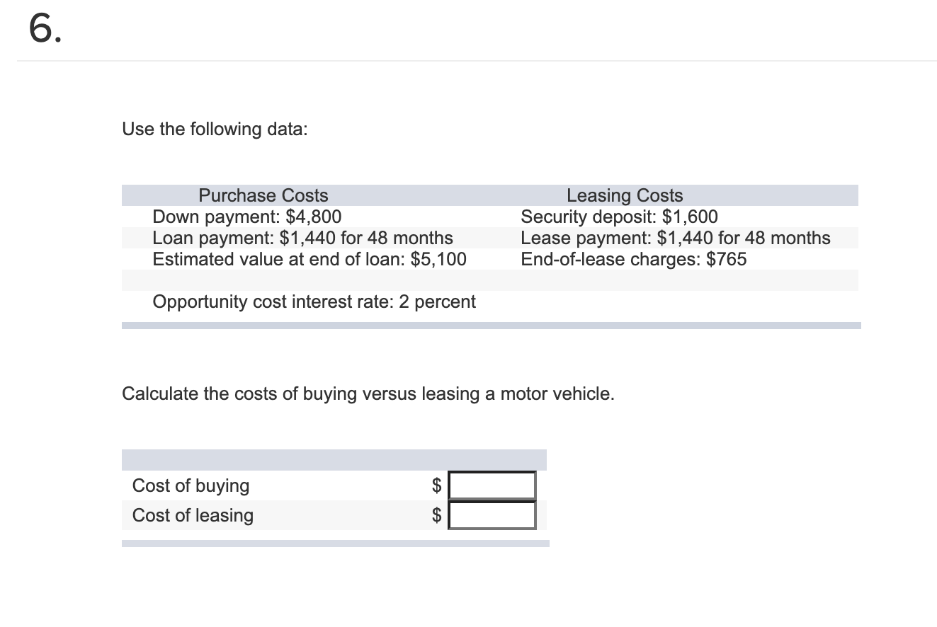 6. Use the following data: Purchase Costs Down payment: $4,800 Loan
