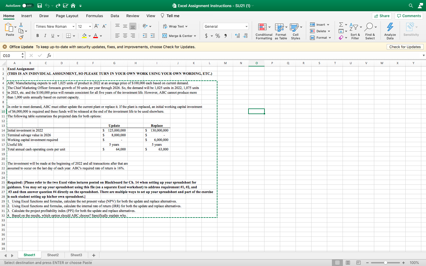  NPV calculation for Update option should be 9,684,786 NPV calculation for