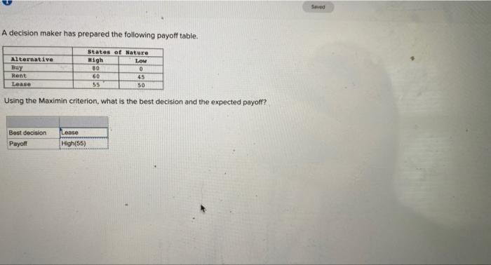  Seved A decision maker has prepared the following payoff table. Alternative