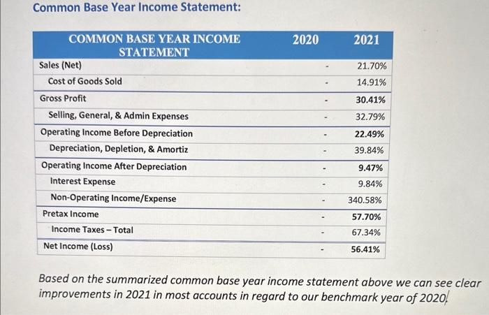 please do a common base year financial analysis for the following company.
