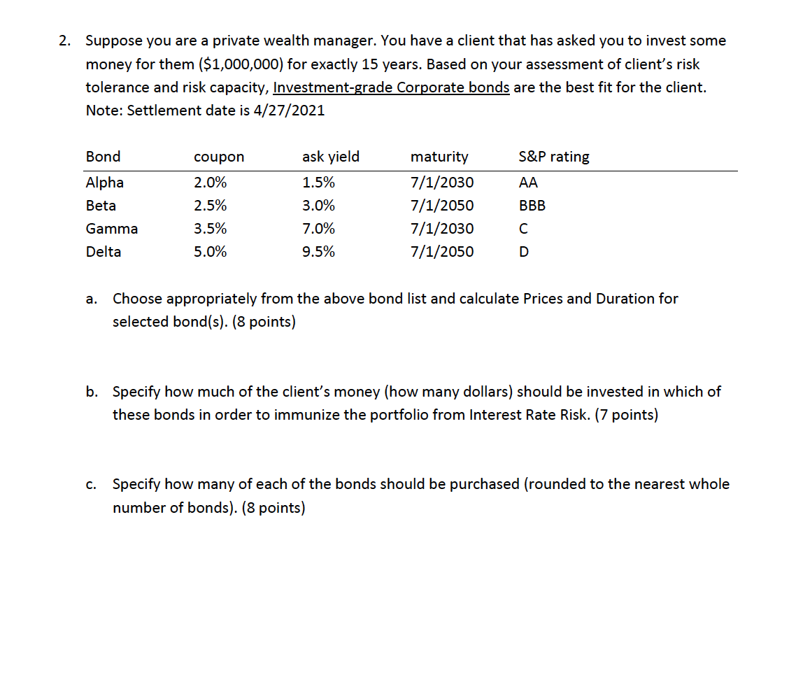 Please provide excel formula. 2. Suppose you are a private wealth manager.