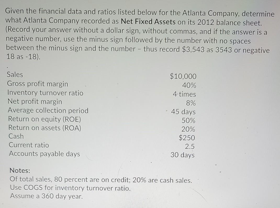 Given the financial data and ratios listed below for the Atlanta