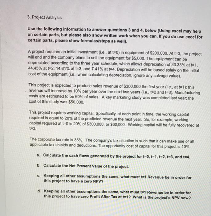  3. Project Analysis Use the following information to answer questions 3