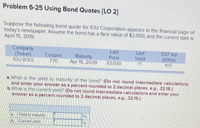  Problem 6-25 Using Bond Quotes [LO 2] Suppose the following bond