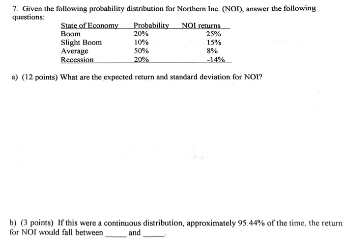  Please show work using formulas. 7. Given the following probability distribution