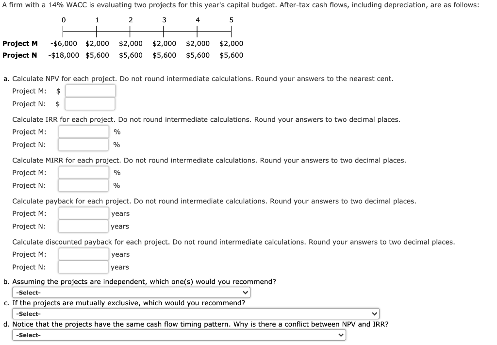 A firm with a 14% WACC is evaluating two projects for