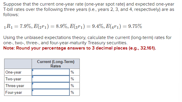  Suppose that the current one-year rate (one-year spot rate) and expected