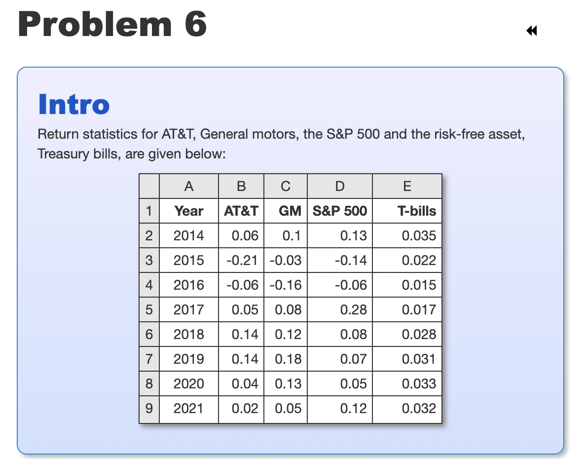 Problem 6 Intro Return statistics for AT&T, General motors, the S&P