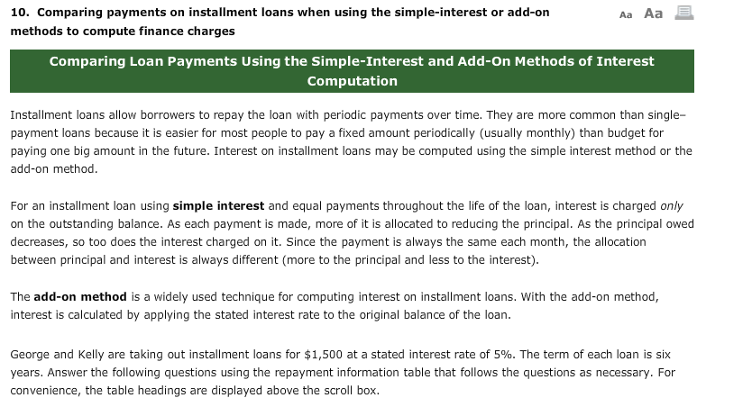  10. Comparing payments on installment loans when using the simple-interest or