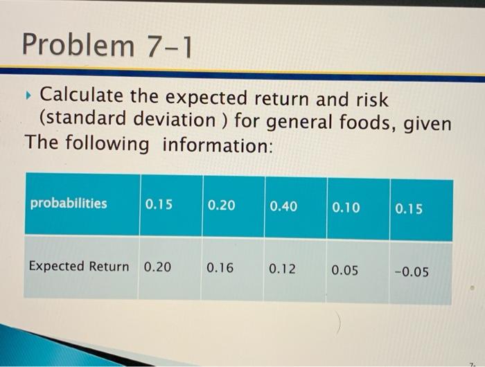  ((Whithout exel)) Problem 7-1 Calculate the expected return and risk (standard