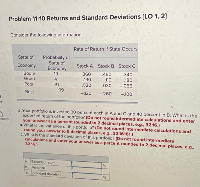  Problem 11-10 Returns and Standard Deviations (LO 1, 2] Consider the