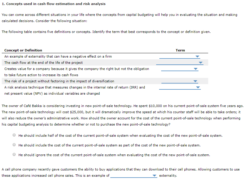 1. Concepts used in cash flow estimation and risk analysis You