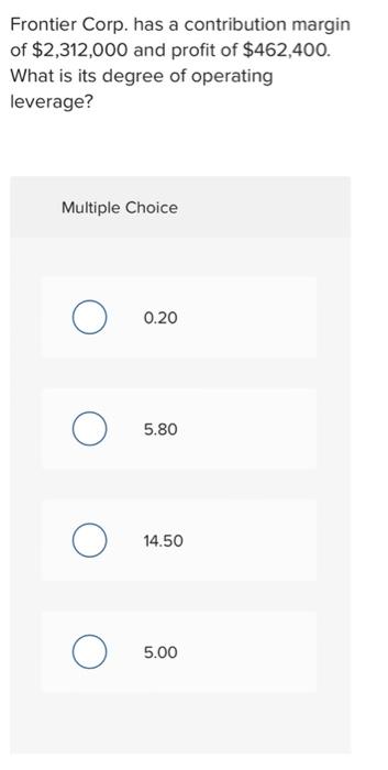 $15, and fixed costs of $144,000. Frontier sells 10,000 units. If sales